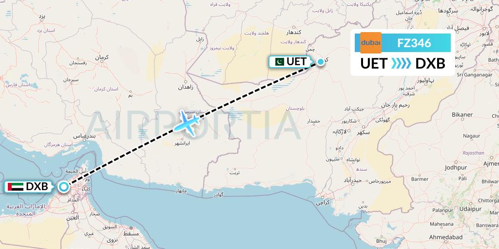 FZ346 FlyDubai Flight Map: Quetta to Dubai