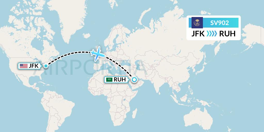 SV902 Saudi Arabian Airlines Flight Map: New York to Riyadh