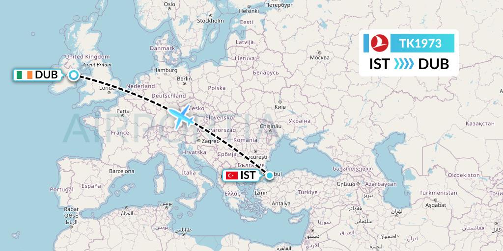 TK1973 Turkish Airlines Flight Map: Istanbul to Dublin