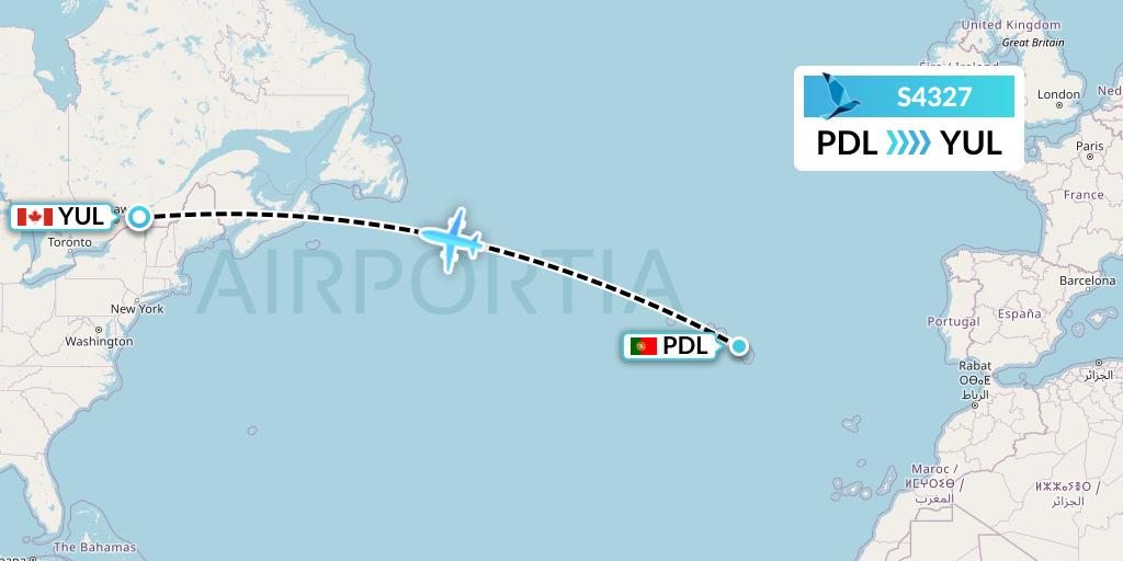 S4327 Azores Airlines Flight Map: Ponta Delgada to Montreal