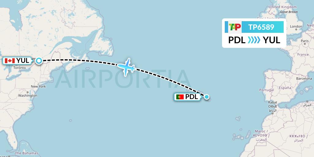 TP6589 TAP Portugal Flight Map: Ponta Delgada to Montreal