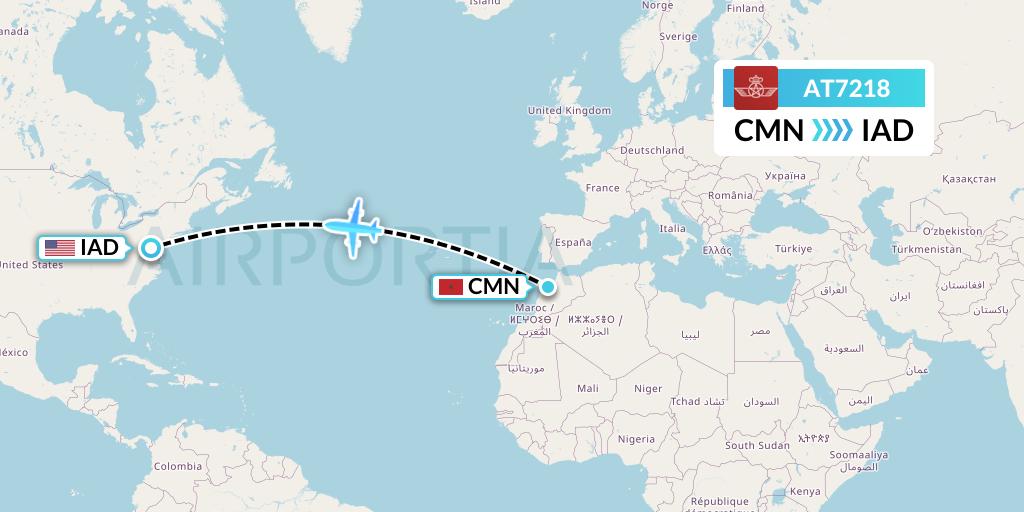AT7218 Royal Air Maroc Flight Map: Casablanca to Washington