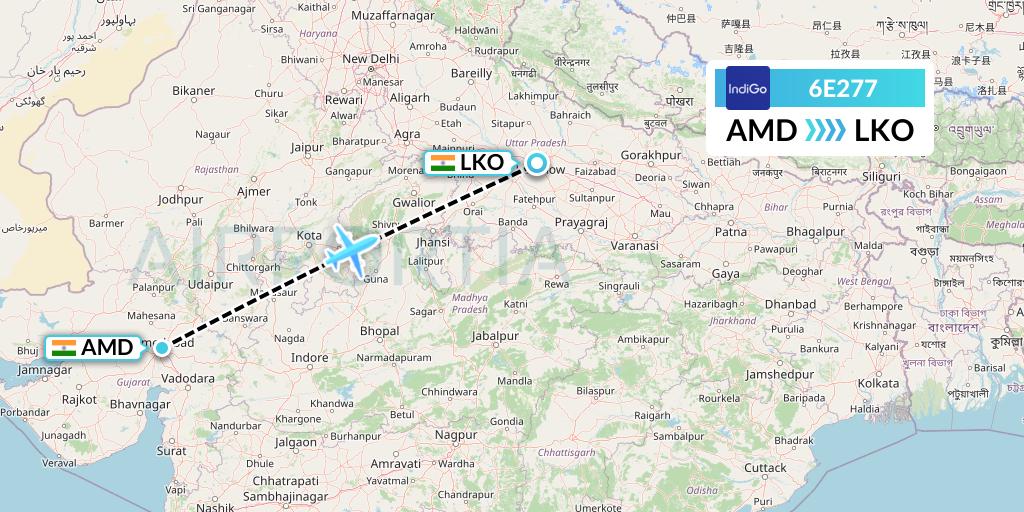 6E277 IndiGo Airlines Flight Map: Ahmedabad to Lucknow