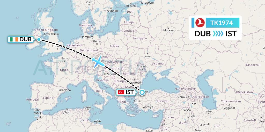 TK1974 Turkish Airlines Flight Map: Dublin to Istanbul