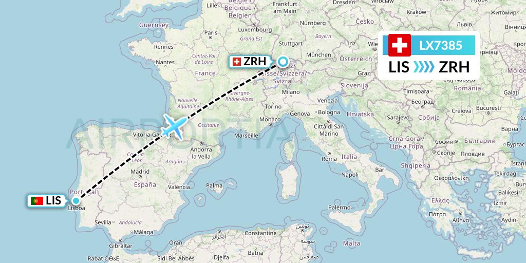 LX7385 Swiss Flight Map: Lisbon to Zurich