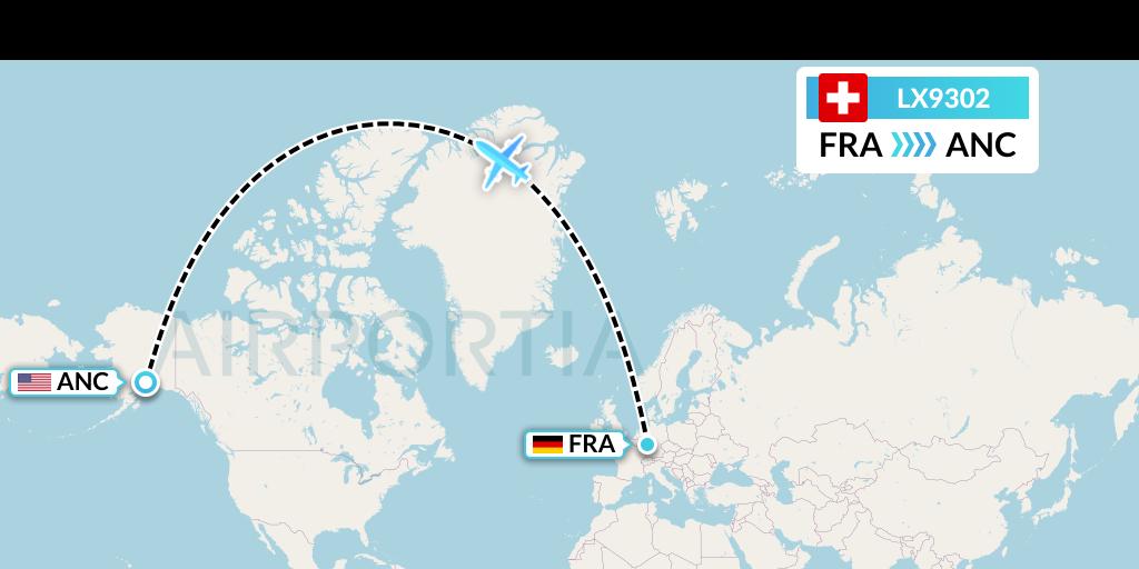 LX9302 Swiss Flight Map: Frankfurt to Anchorage