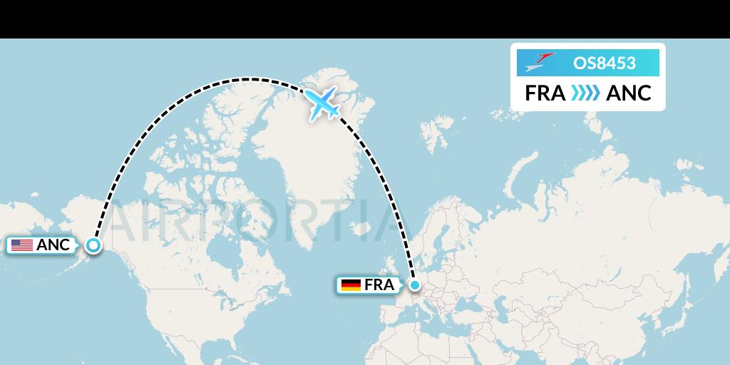 OS8453 Austrian Airlines Flight Map: Frankfurt to Anchorage