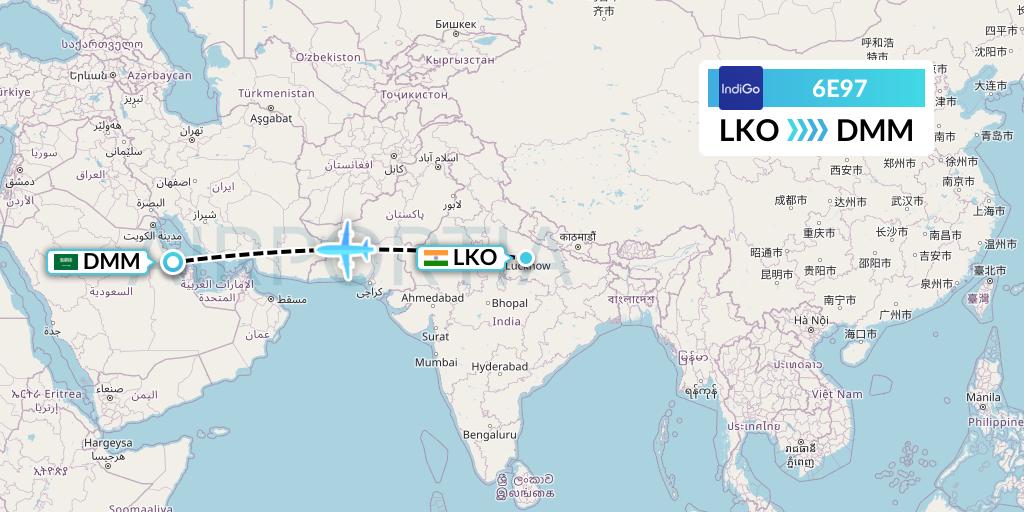 6E97 IndiGo Airlines Flight Map: Lucknow to Dammam