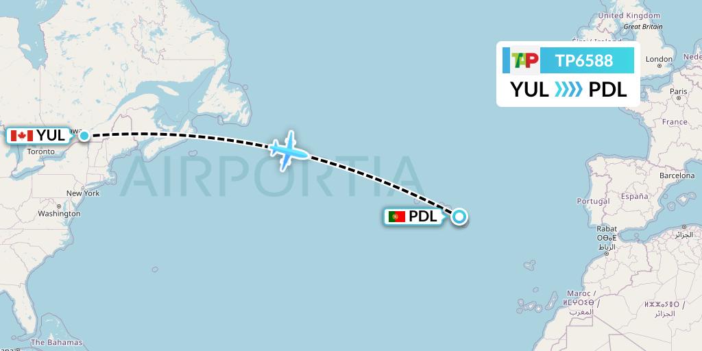 TP6588 TAP Portugal Flight Map: Montreal to Ponta Delgada