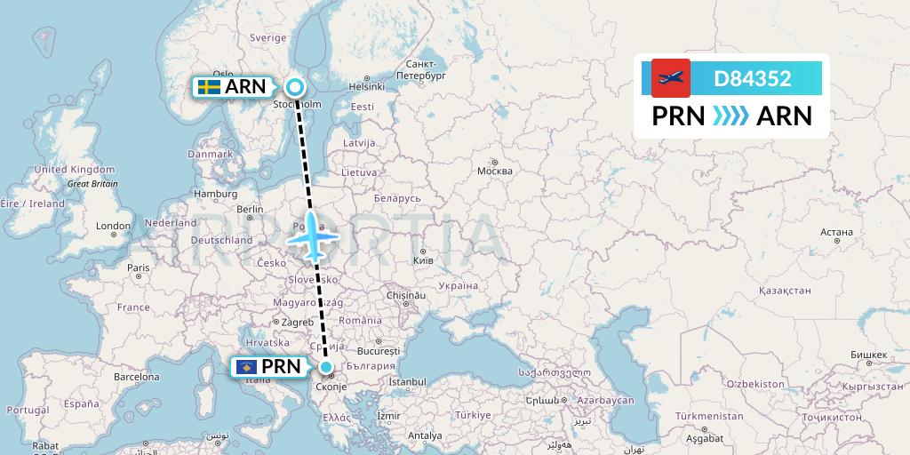 D84352 Norwegian Air International Flight Map: Pristina to Stockholm