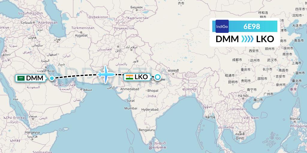 6E98 IndiGo Airlines Flight Map: Dammam to Lucknow