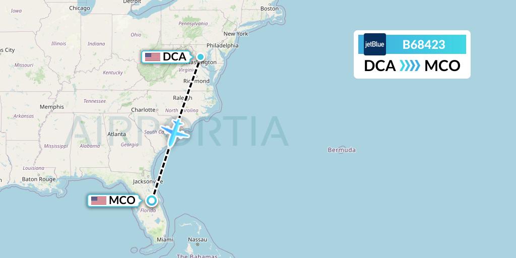 B68423 JetBlue Airways Flight Map: Washington to Orlando