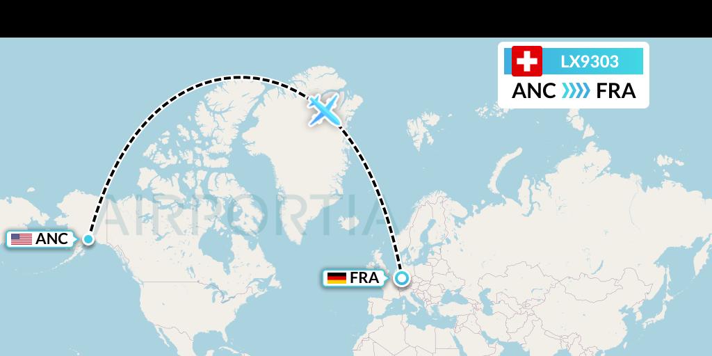 LX9303 Swiss Flight Map: Anchorage to Frankfurt