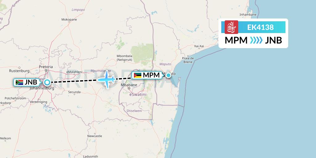 EK4138 Emirates Flight Map: Maputo to Johannesburg