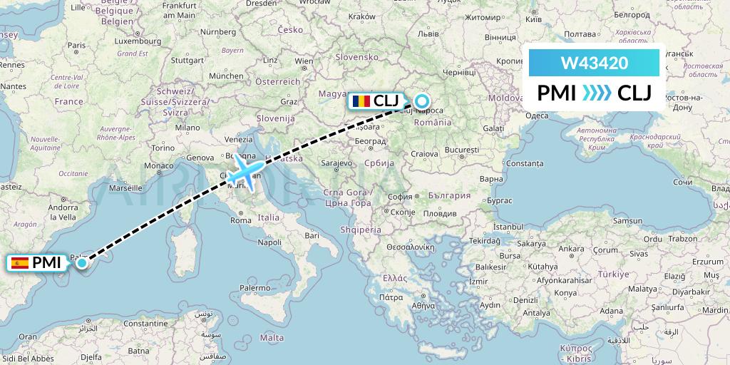 W43420 Wizz Air Malta Flight Map: Palma de Mallorca to Cluj-Napoca