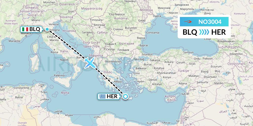 NO3004 Neos Flight Map: Bologna to Heraklion