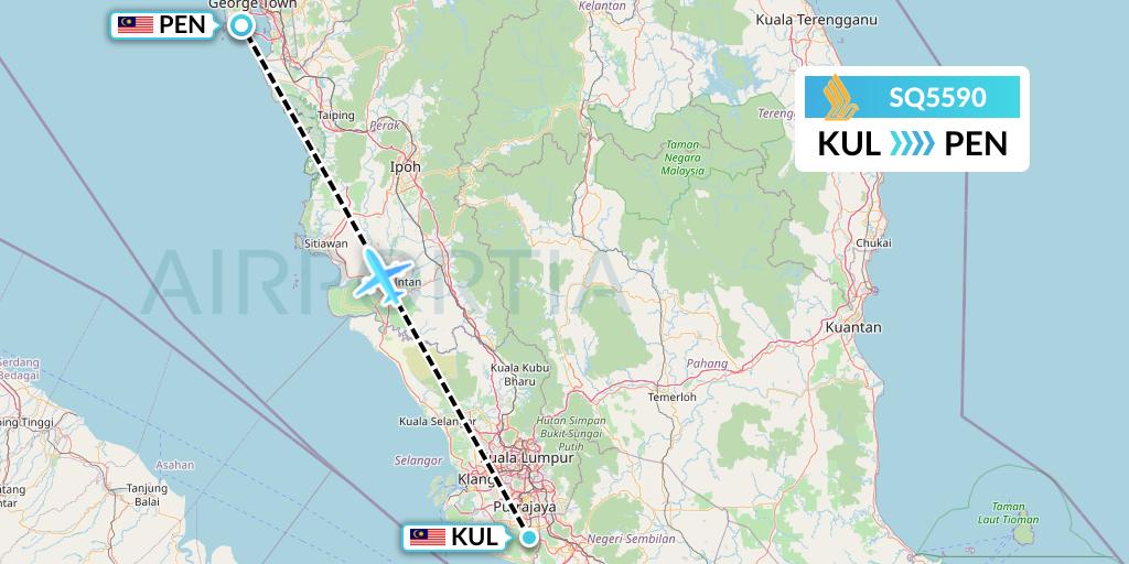 SQ5590 Singapore Airlines Flight Map: Kuala Lumpur to Penang