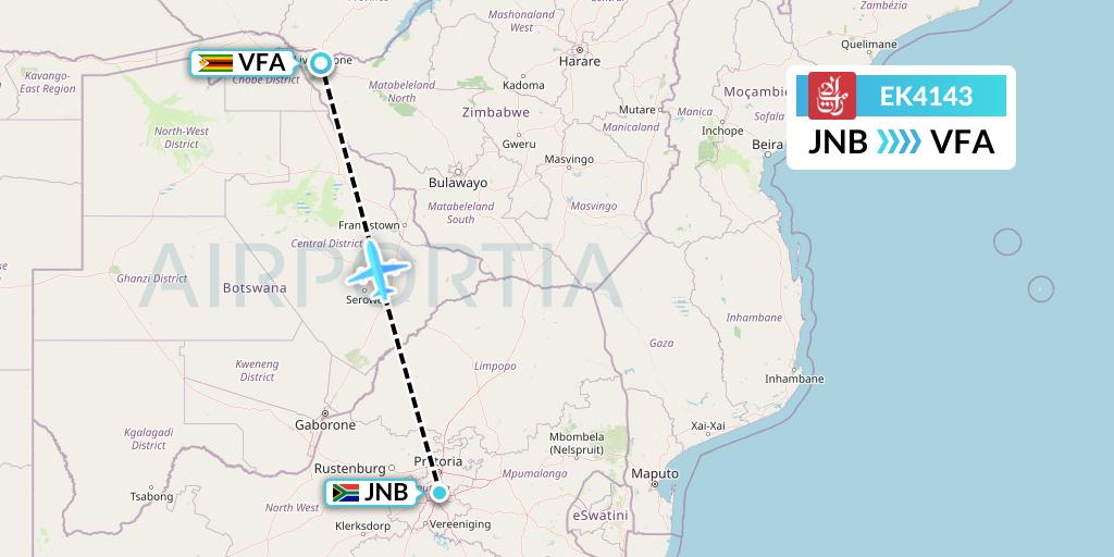 EK4143 Emirates Flight Map: Johannesburg to Victoria Falls