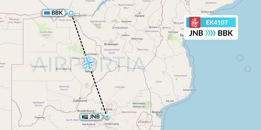 EK4107 Emirates Flight Map: Johannesburg to Kasane