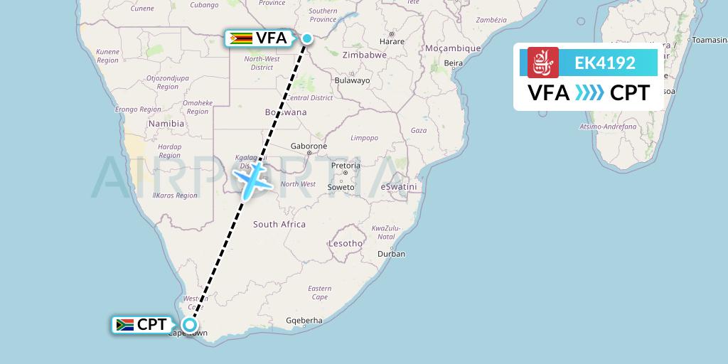 EK4192 Emirates Flight Map: Victoria Falls to Cape Town