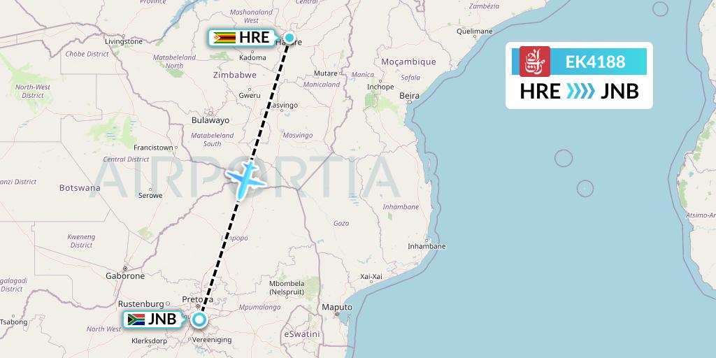 EK4188 Emirates Flight Map: Harare to Johannesburg