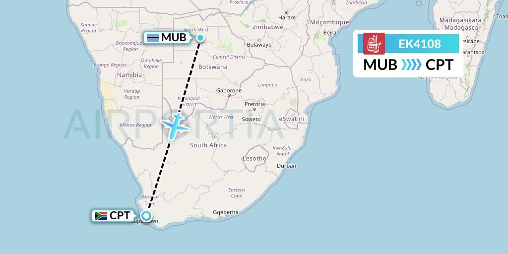 EK4108 Emirates Flight Map: Maun to Cape Town
