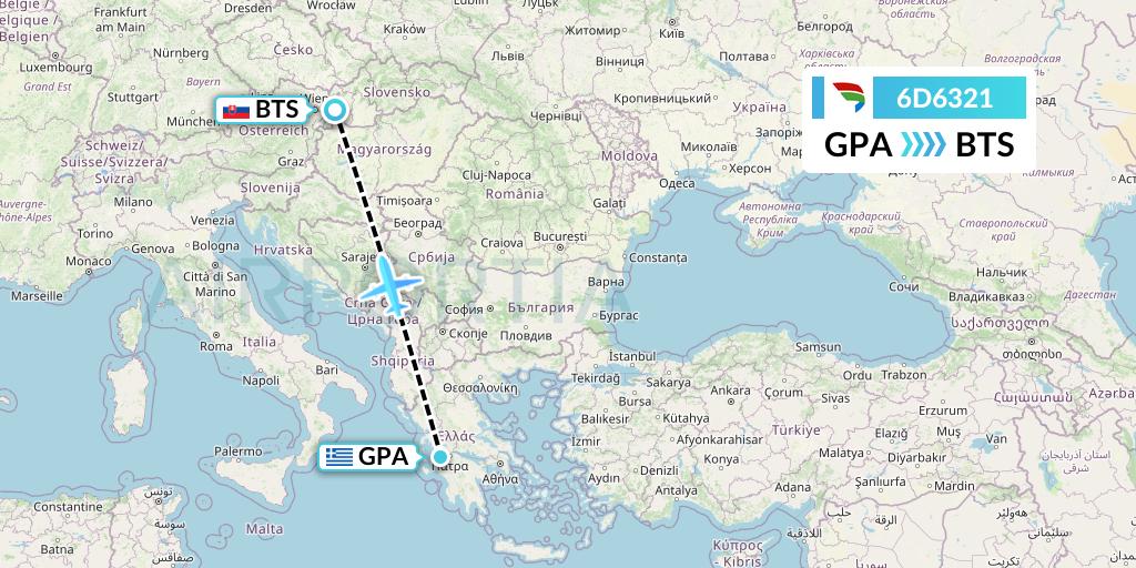 6D6321 Travel Service Slovakia Flight Map: Patras to Bratislava