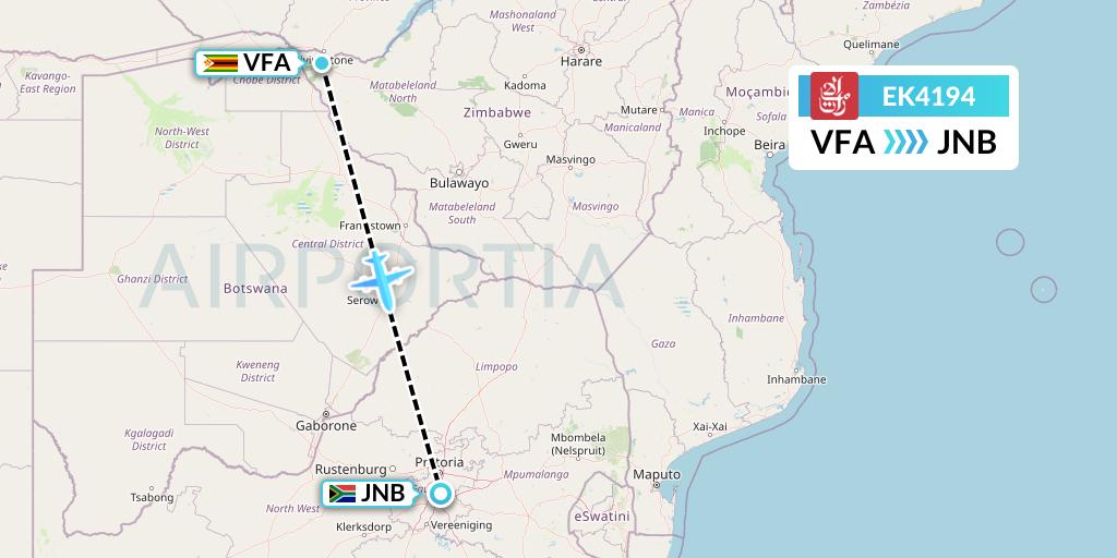 EK4194 Emirates Flight Map: Victoria Falls to Johannesburg