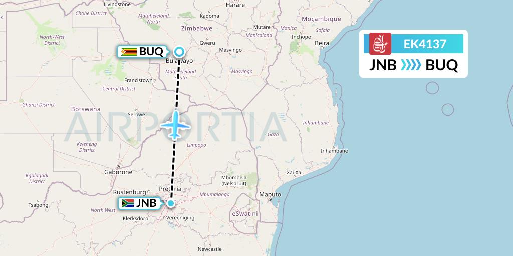 EK4137 Emirates Flight Map: Johannesburg to Bulawayo
