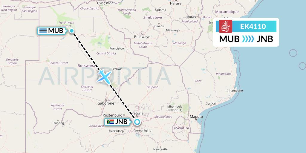 EK4110 Emirates Flight Map: Maun to Johannesburg