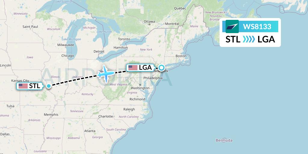 WS8133 WestJet Flight Map: St. Louis to New York