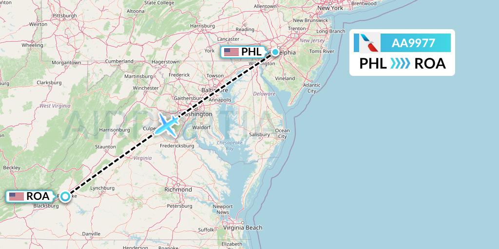 AA9977 American Airlines Flight Map: Philadelphia to Roanoke