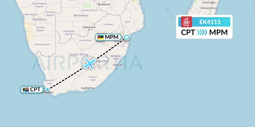 EK4115 Emirates Flight Map: Cape Town to Maputo