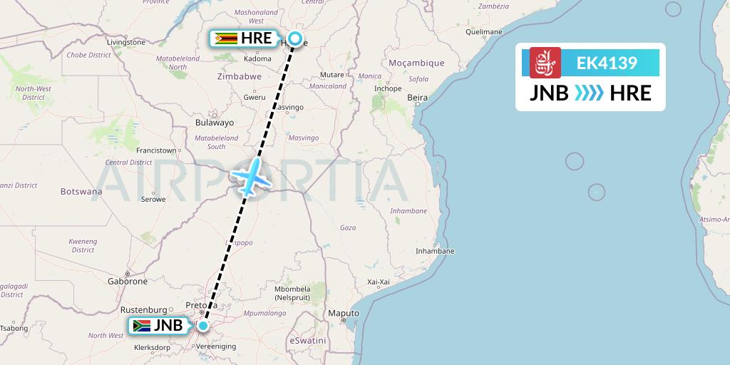 EK4139 Emirates Flight Map: Johannesburg to Harare