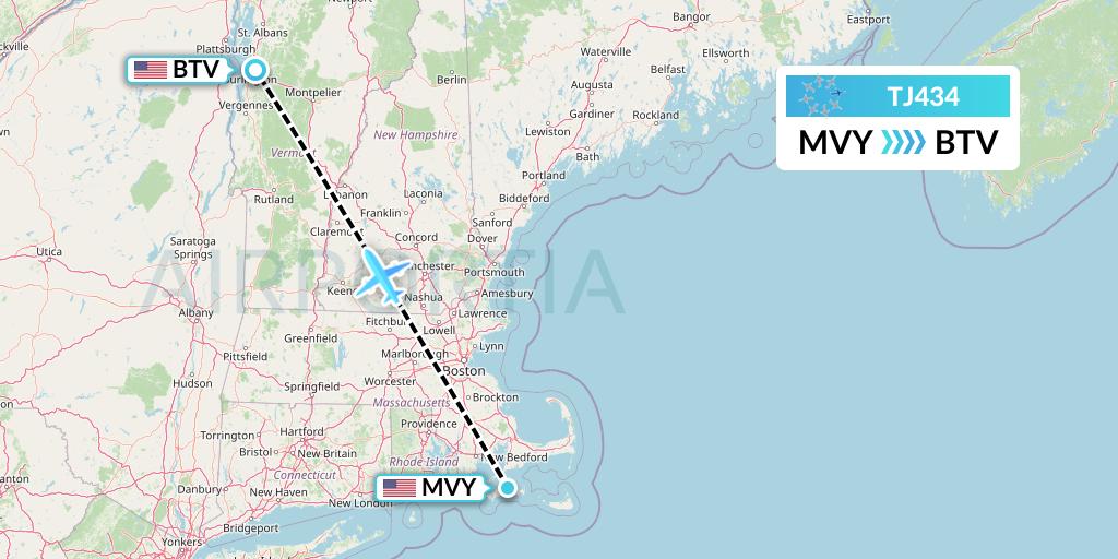 TJ434 Tradewind Aviation Flight Map: Martha's Vineyard to Burlington