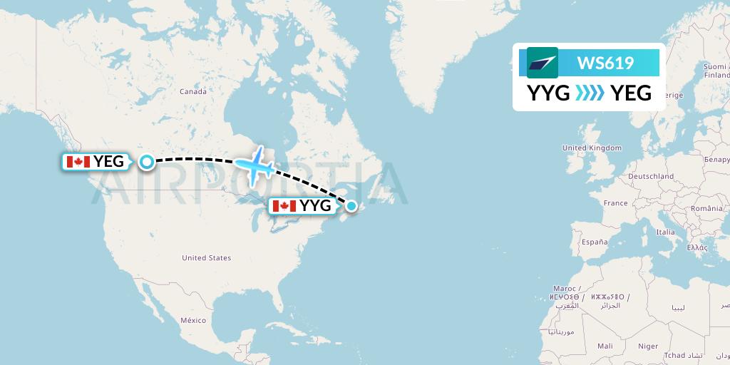 WS619 WestJet Flight Map: Charlottetown to Edmonton