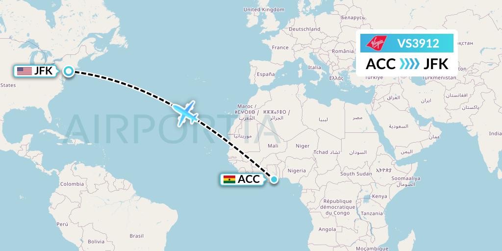VS3912 Virgin Atlantic Airways Flight Map: Accra to New York