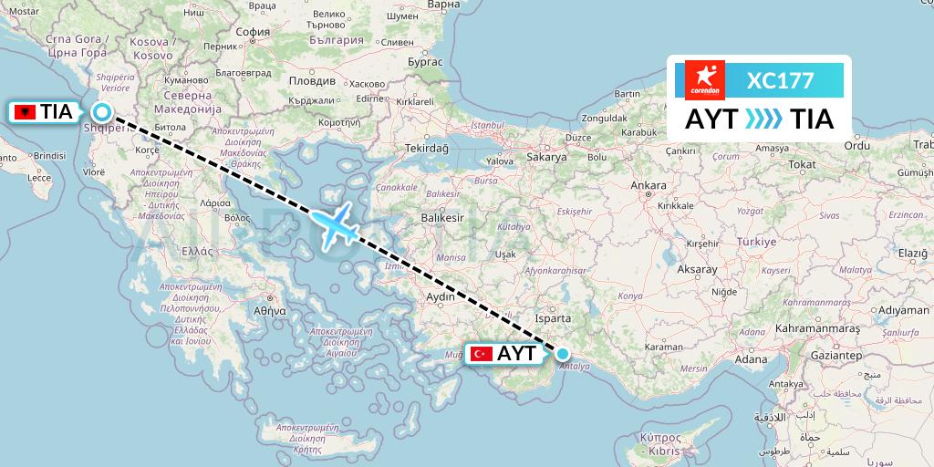 XC177 Corendon Airlines Flight Map: Antalya to Tirana