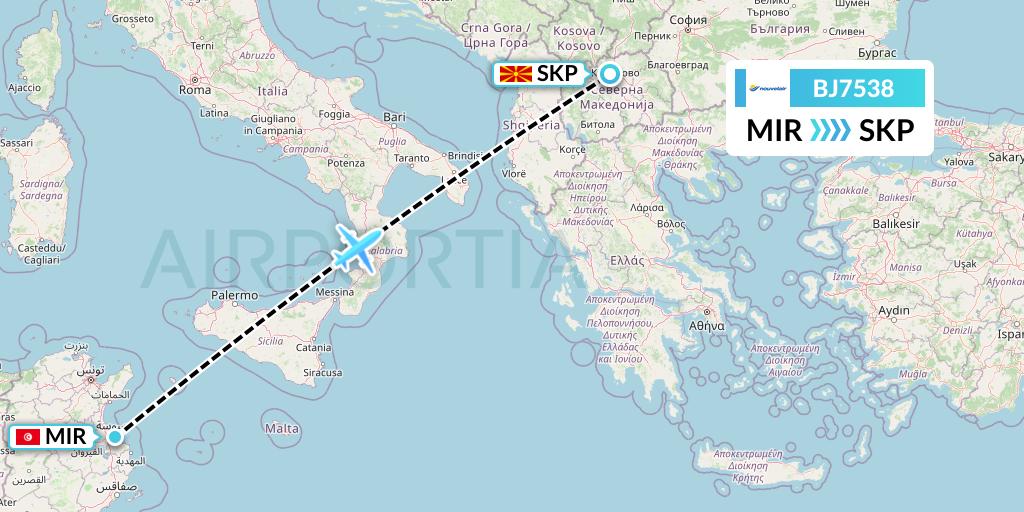 BJ7538 Nouvelair Tunisie Flight Map: Monastir to Skopje