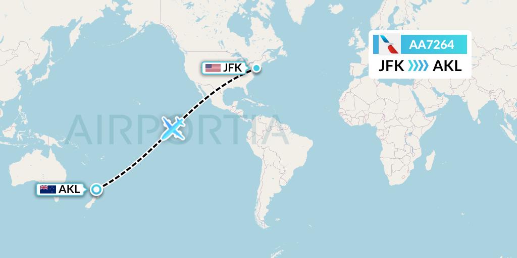 AA7264 American Airlines Flight Map: New York to Auckland