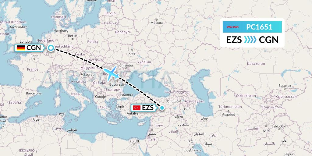 PC1651 Pegasus Airlines Flight Map: Elazig to Cologne