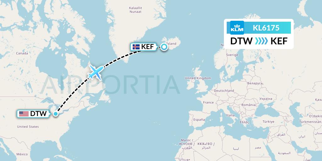 KL6175 KLM Flight Map: Detroit to Reykjavik
