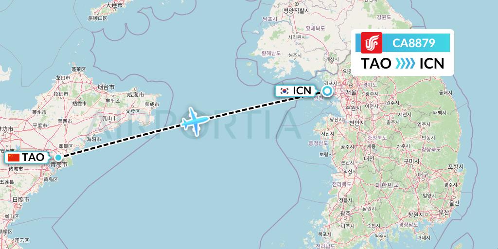 CA8879 Air China Flight Map: Qingdao to Seoul