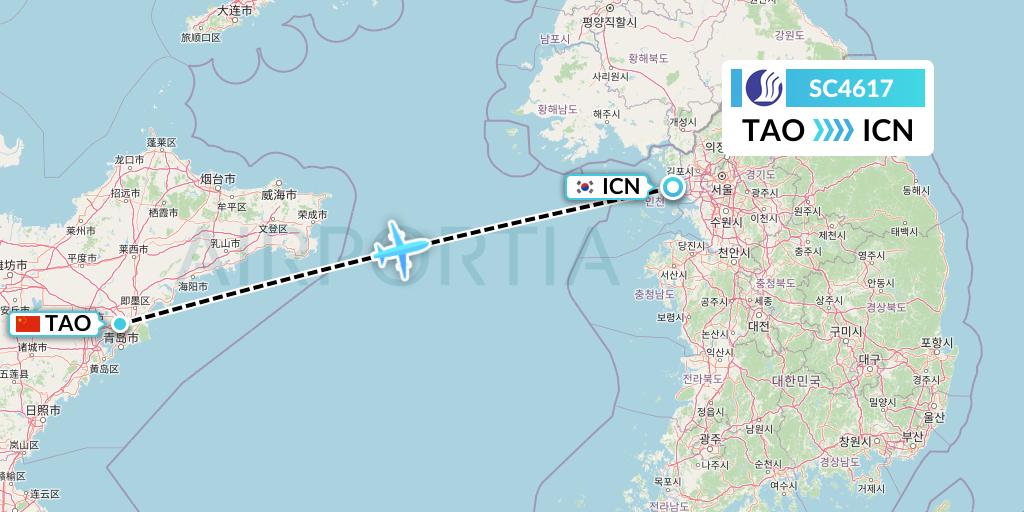 SC4617 Shandong Airlines Flight Map: Qingdao to Seoul