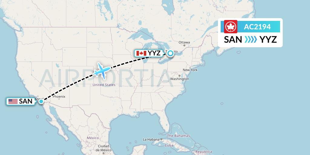 AC2194 Air Canada Flight Map: San Diego to Toronto