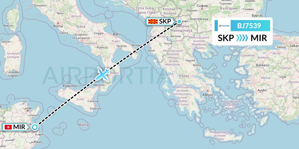 BJ7539 Nouvelair Tunisie Flight Map: Skopje to Monastir