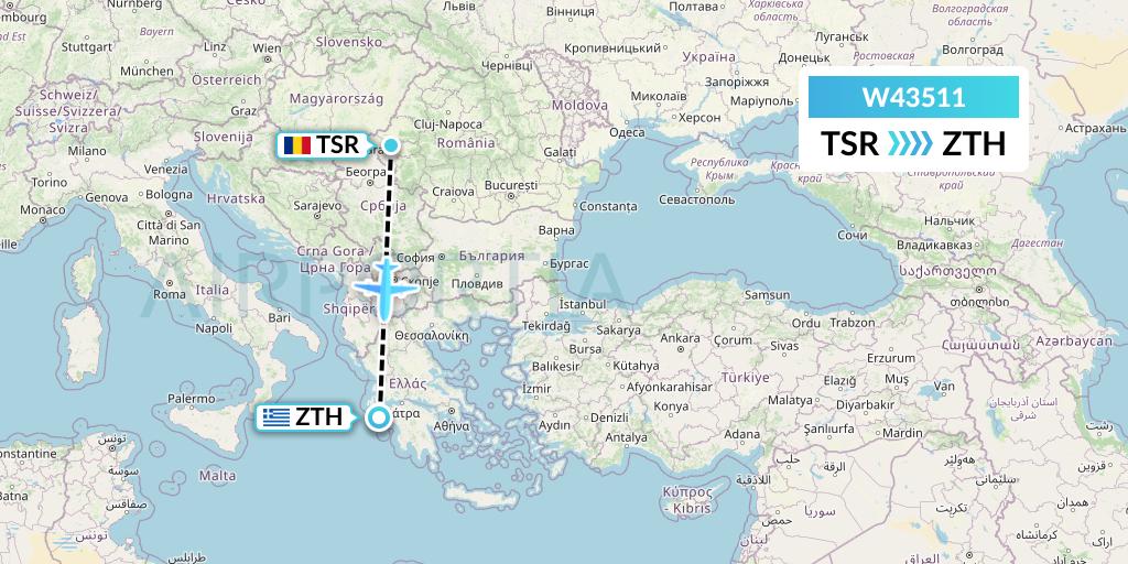W43511 Wizz Air Malta Flight Map: Timisoara to Zakynthos