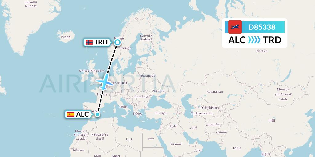 D85338 Norwegian Air International Flight Map: Alicante to Trondheim