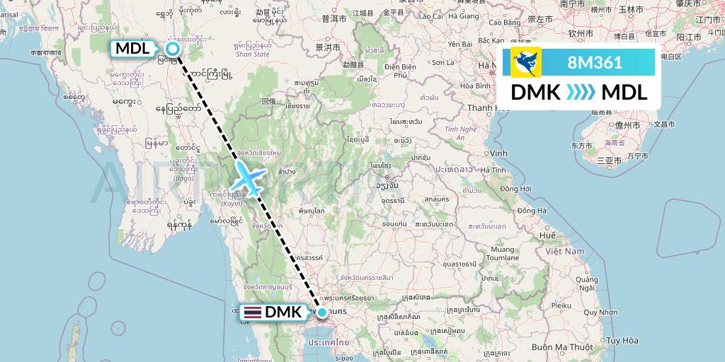 8M361 Myanmar Airways International Flight Map: Bangkok to Mandalay