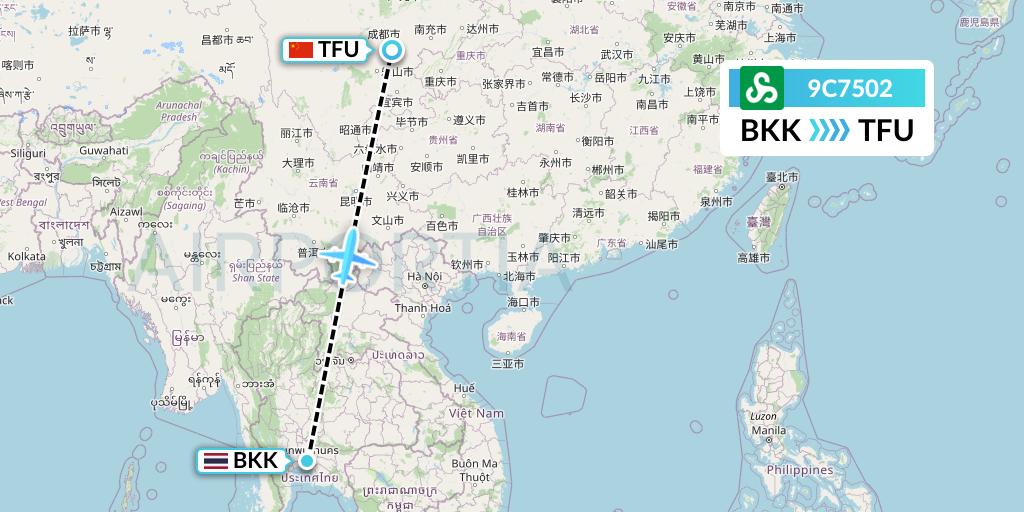 9C7502 Spring Airlines Flight Map: Bangkok to Chengdu
